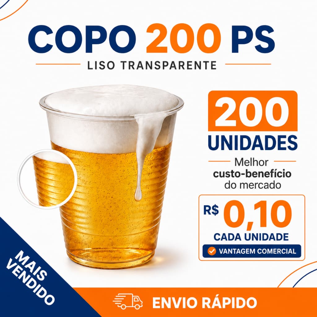 KIT 200 Copos Descartáveis 200ml PS Estriado Transparente Reutilizável e Resistente Festa Água Suco