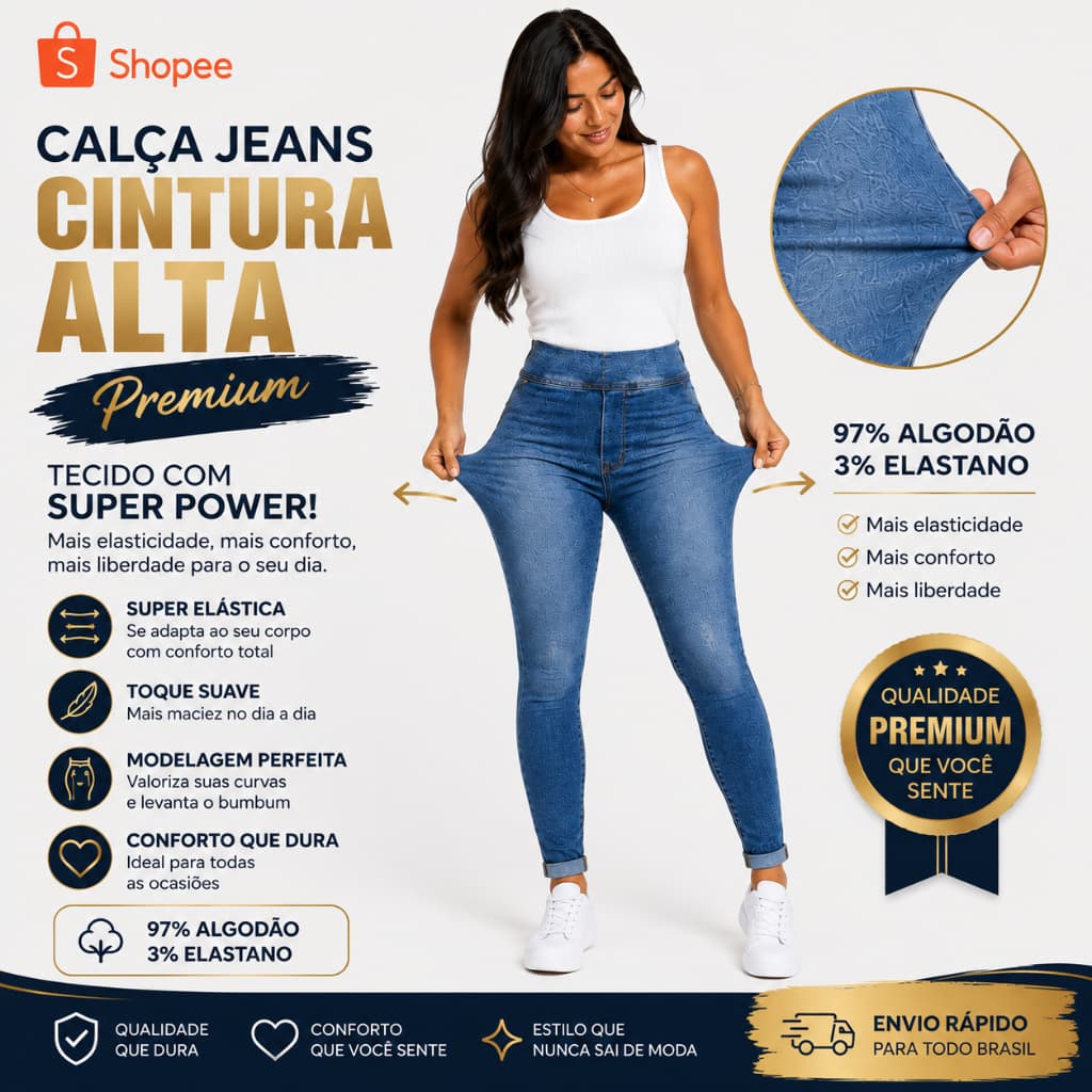 Calça Jeans Feminina com Lycra Skinny com Cintura Alta Leggin
