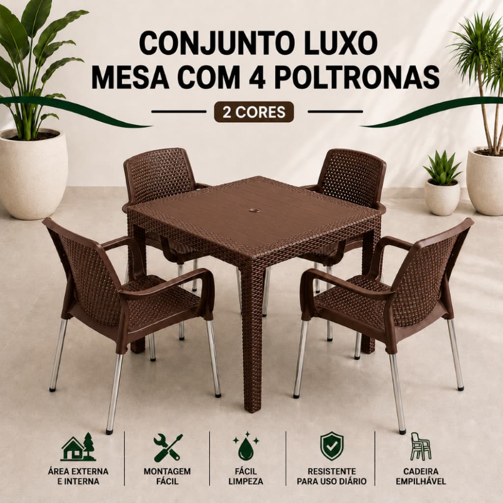 Conjunto Mesa com 4 Poltronas Rattan Luxo com Braço Reforçadas UV Empilhável Área Lazer Ambiente