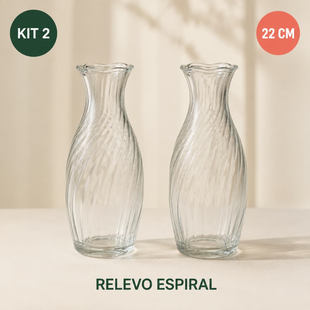 Kit 2 Vaso de Vidro 22cm com Relevo Espiral e Borda Ondulada Decorativo Transparente