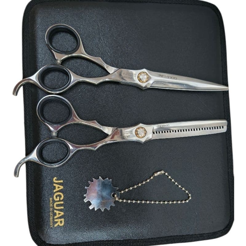 Kit Tesoura de Cortar Cabelo Profissional Jaguar Gold Line Diamond 6.5 Fio Laser e Desfiadeira + Estojo