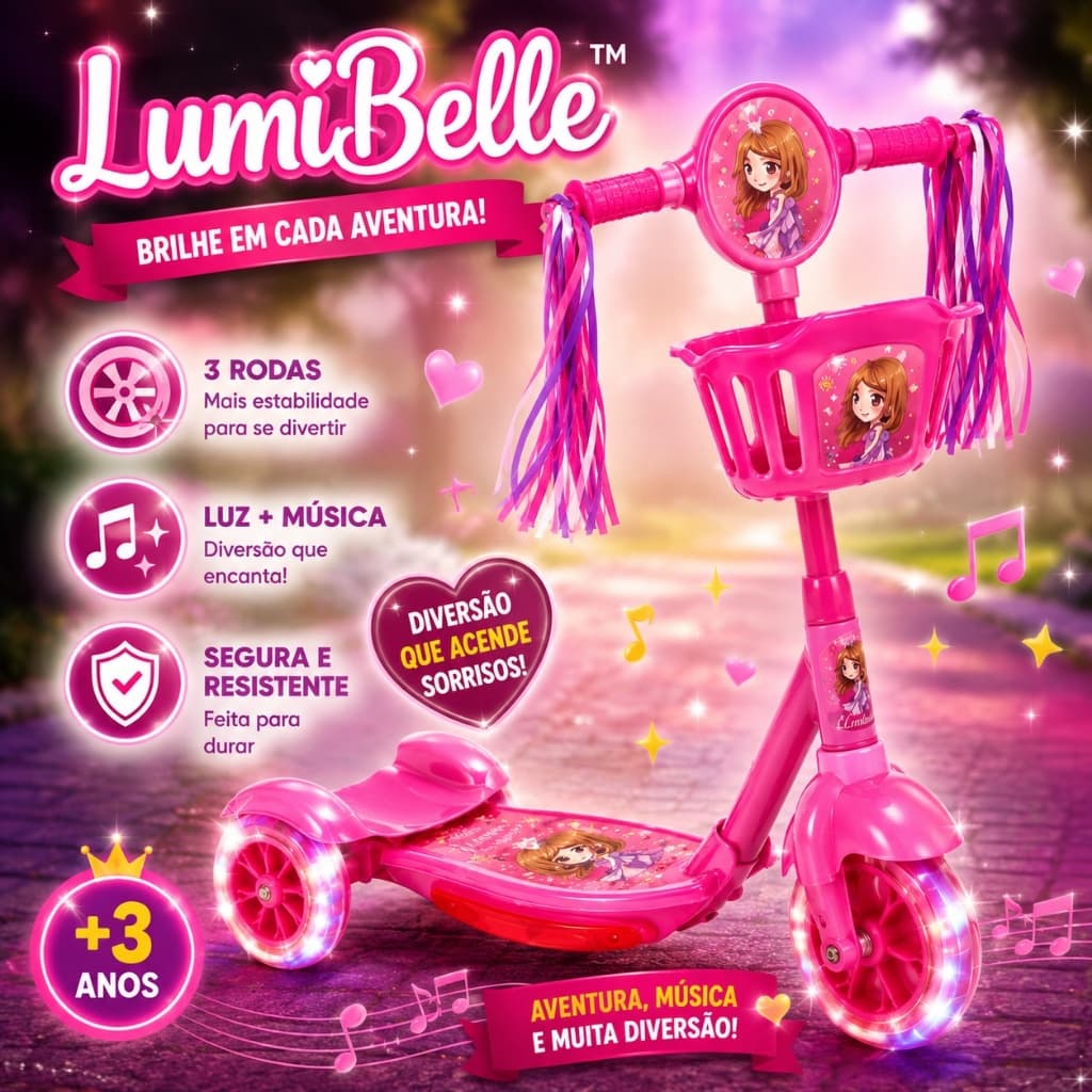 Patinete Infantil 3 Rodas com Luz Música e Cesta Rosa +3