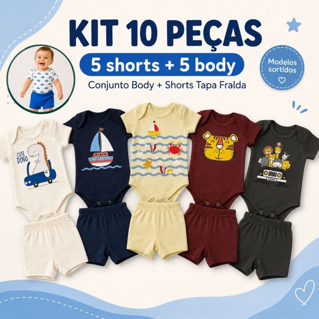 Kit 10 Peças Infantil Menino Bebê 5 Body + 5 Shorts Conjunto Estampados Manga Curta Tapa Fralda Algodão
