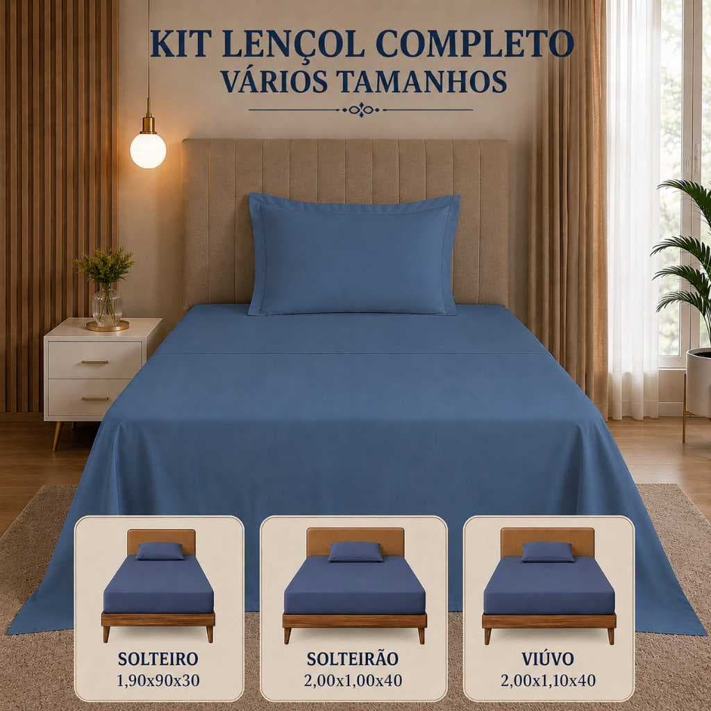 Lençol Viuvo Solteiro Solterao 3 Pçs - Lençol de Cima+Lençol Elastico+1 Fronha Aba Americana Macio Toque Aveludado