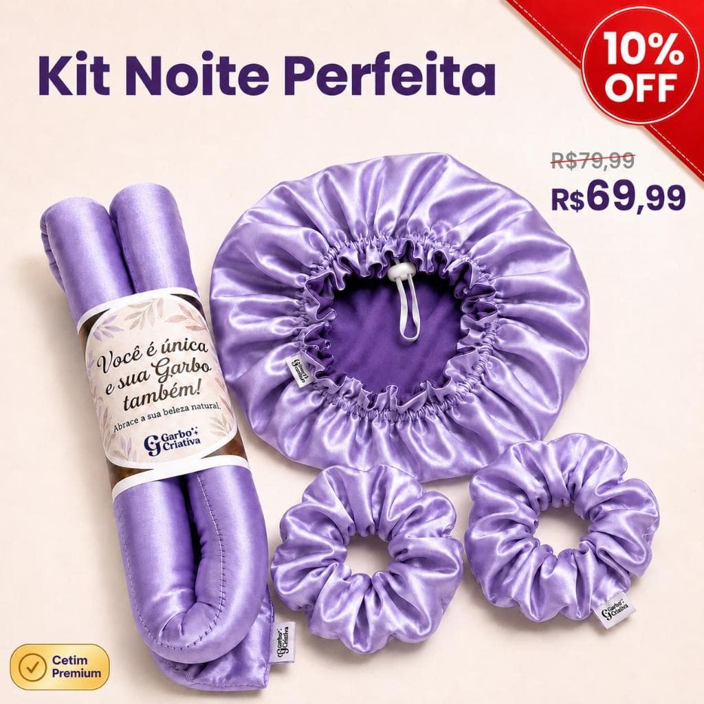 Kit Cachos Sem Calor 4 Peças + Touca de Cetim + Modelador de cachos + 2 Scrunchies Antifrizz para dormir