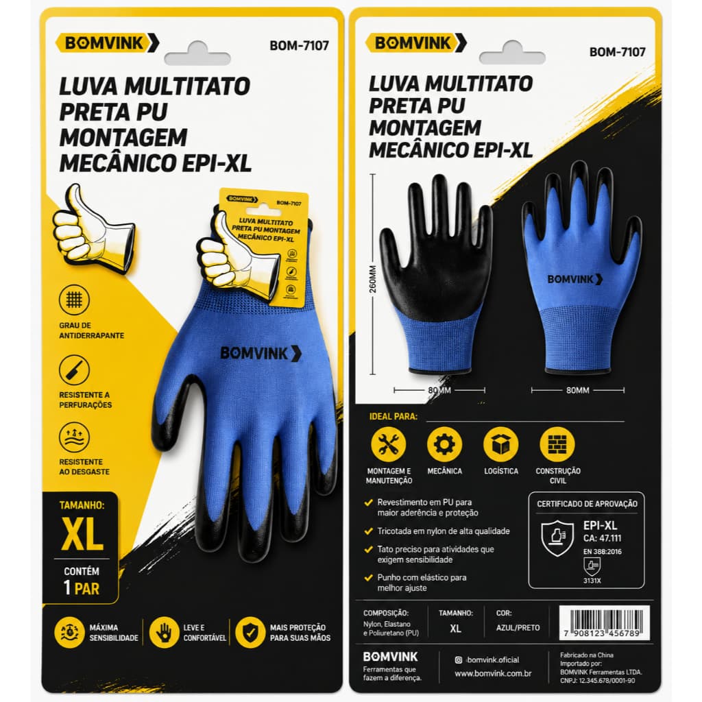 Luva Multitato Azul/Preta PU Montagem EPI-XL Kit Com 12 Pares