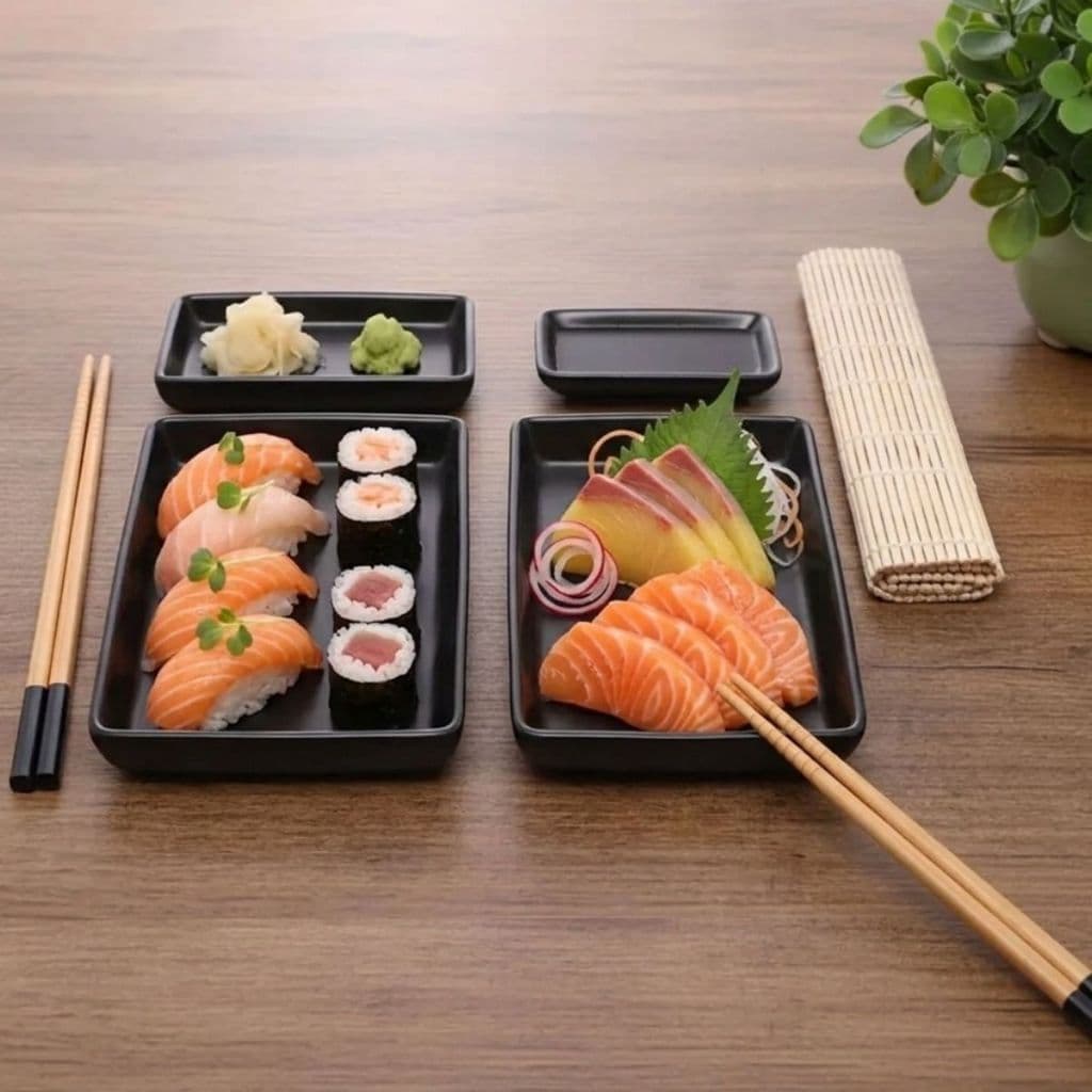 Kit Sushi 7 peças em Bambu e Cerâmica Preta Lyor Comida Japonesa Conjunto 2 pessoas casal Japa