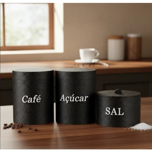 Kit 3 Potes Sal Café E Açúcar Texturizado Preto Plástico Anny Shop