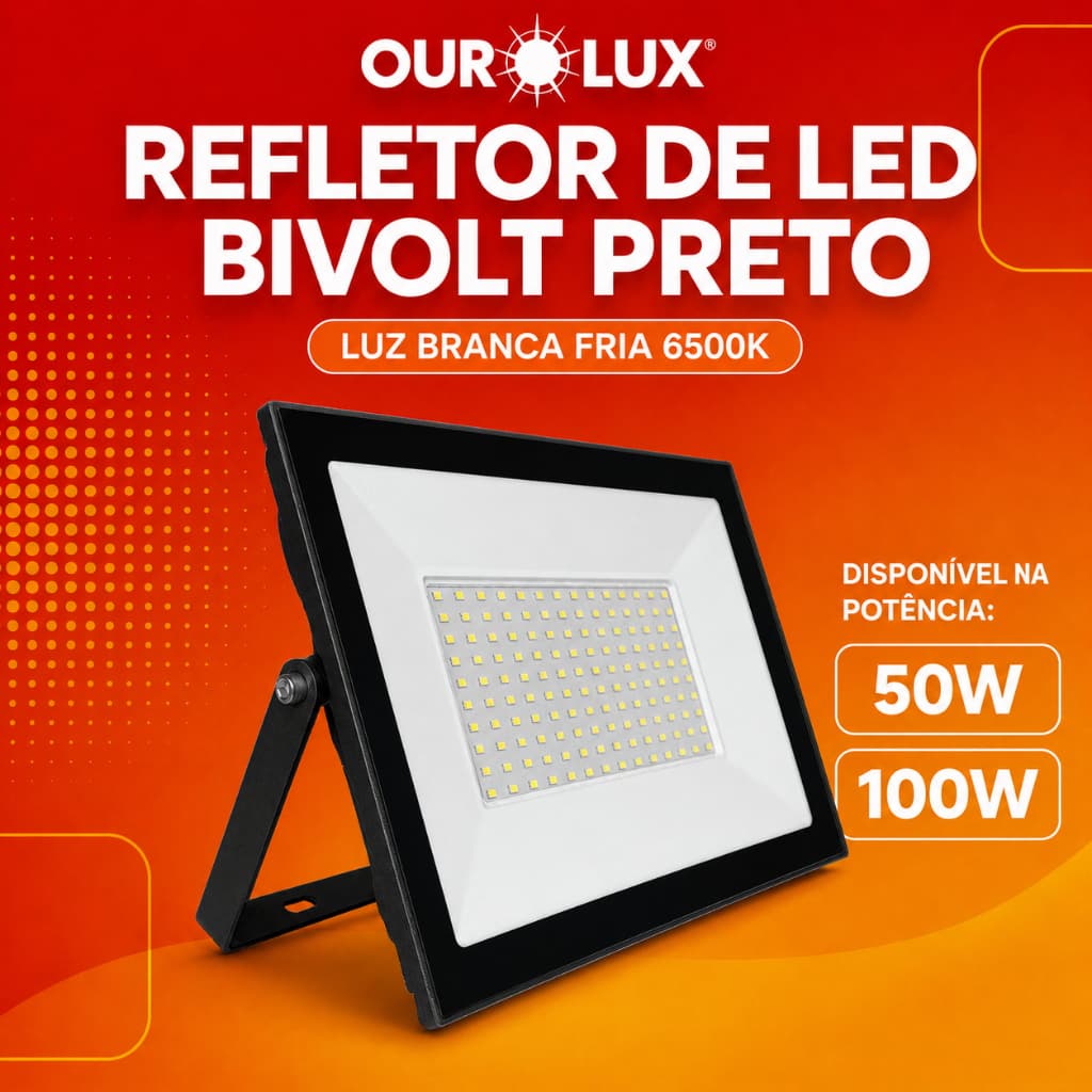 Refletor Superled 50W 100W 6500k Branca frio Prova d'Água Bivolt Preto Externo IP65 Ourolux