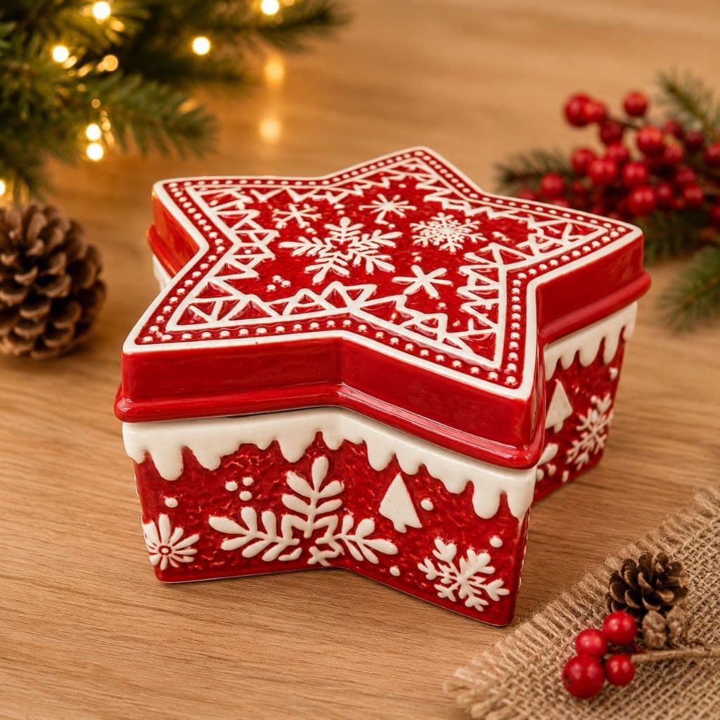 Pote de Natal em Porcelana Estrela Vermelho Decorado com Tampa Porta Doces Biscoitos Caixa Natalina
