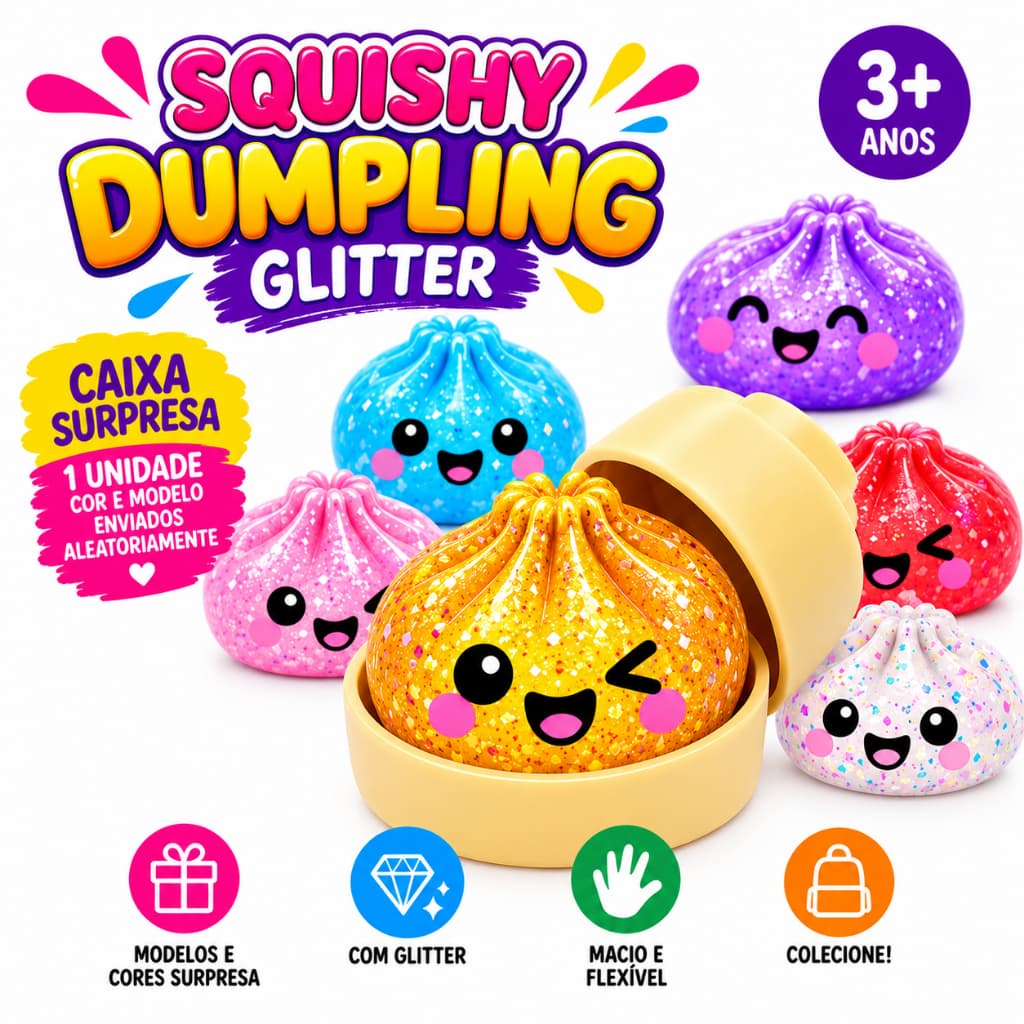 Squishy Dumpling Glitter Caixa Surpresa Bolinho Macio Antiestresse 3+