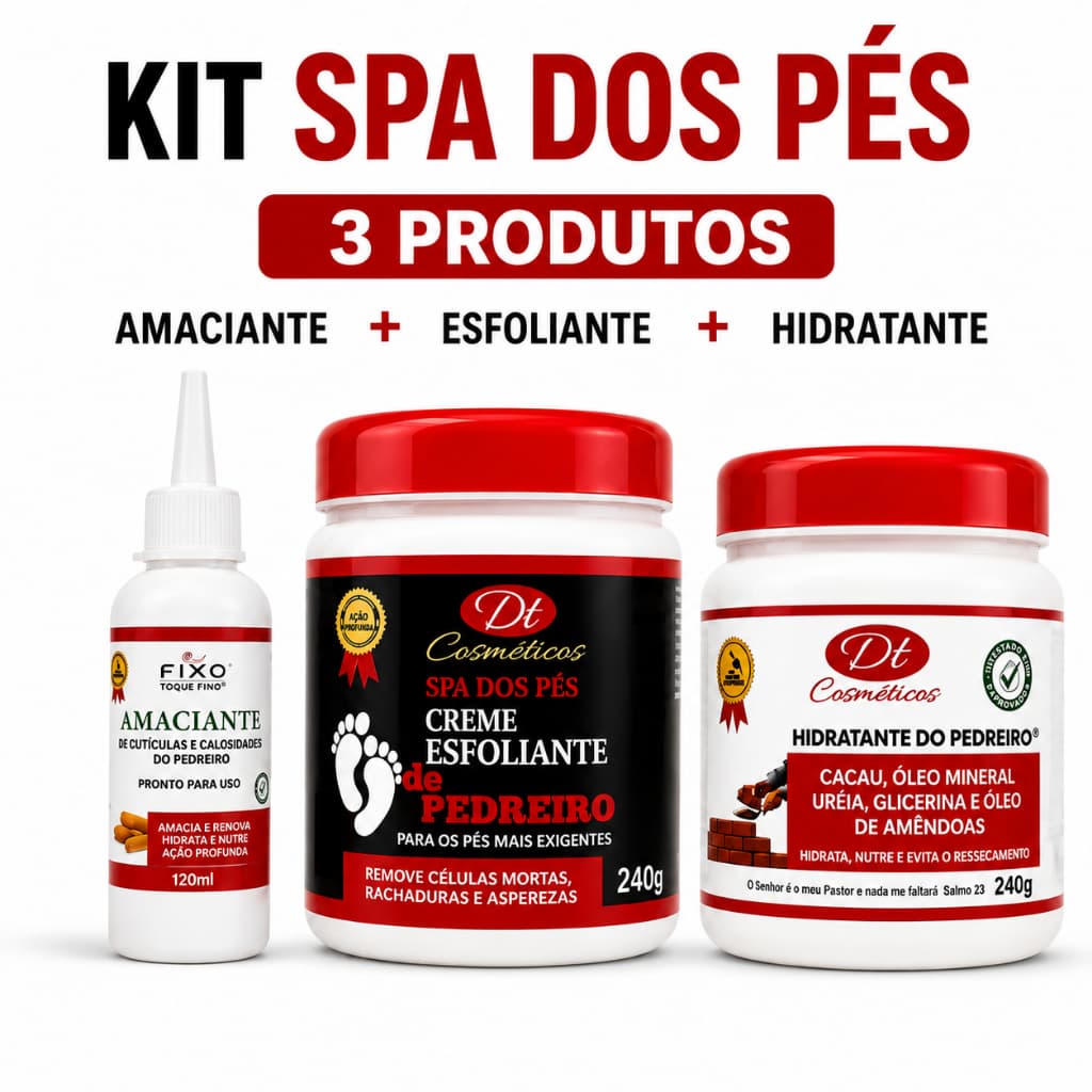 Kit Spa dos Pés 3 Produtos Hidratante Esfoliante Amaciante para Pés Ressecados e Ásperos