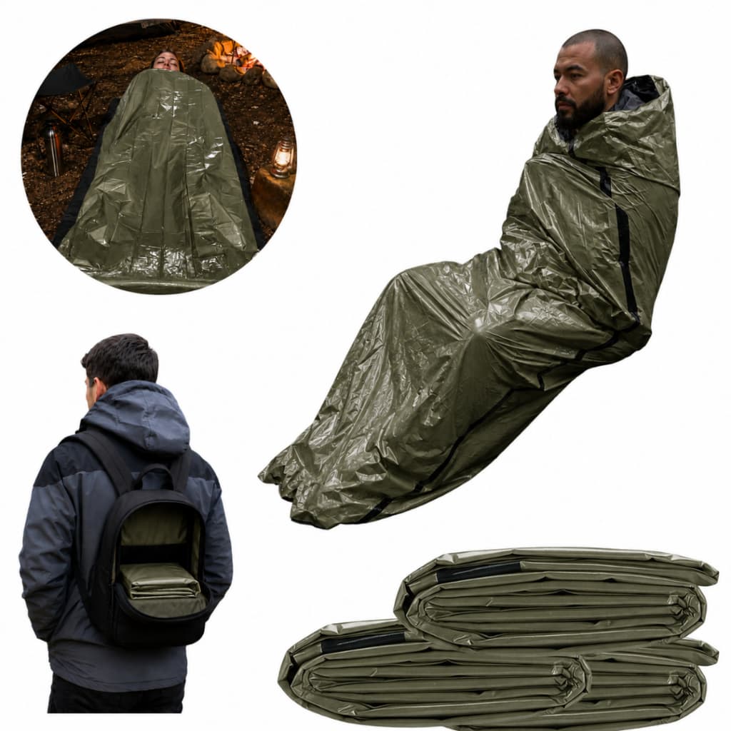 Kit  Sacos de Dormir Verde Termico Aluminizado Para Camping Acampamento Emergencia Sobrevivencia Impermeavel Isolante