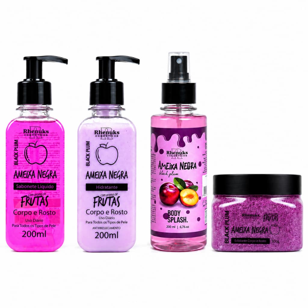 Kit Cuidados com a Pele Ameixa Negra Rhenuks Hidratante Sabonete Líquido Body Splash Esfoliante