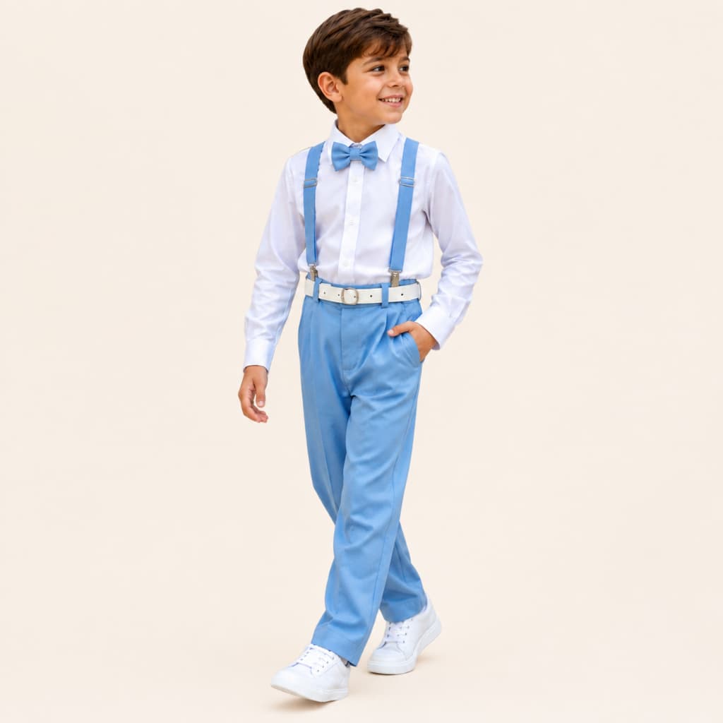 Conjunto Com Suspensório Social Estilo Terno Infantil: Calça Camisa, Gravata,Suspensório e Cinto