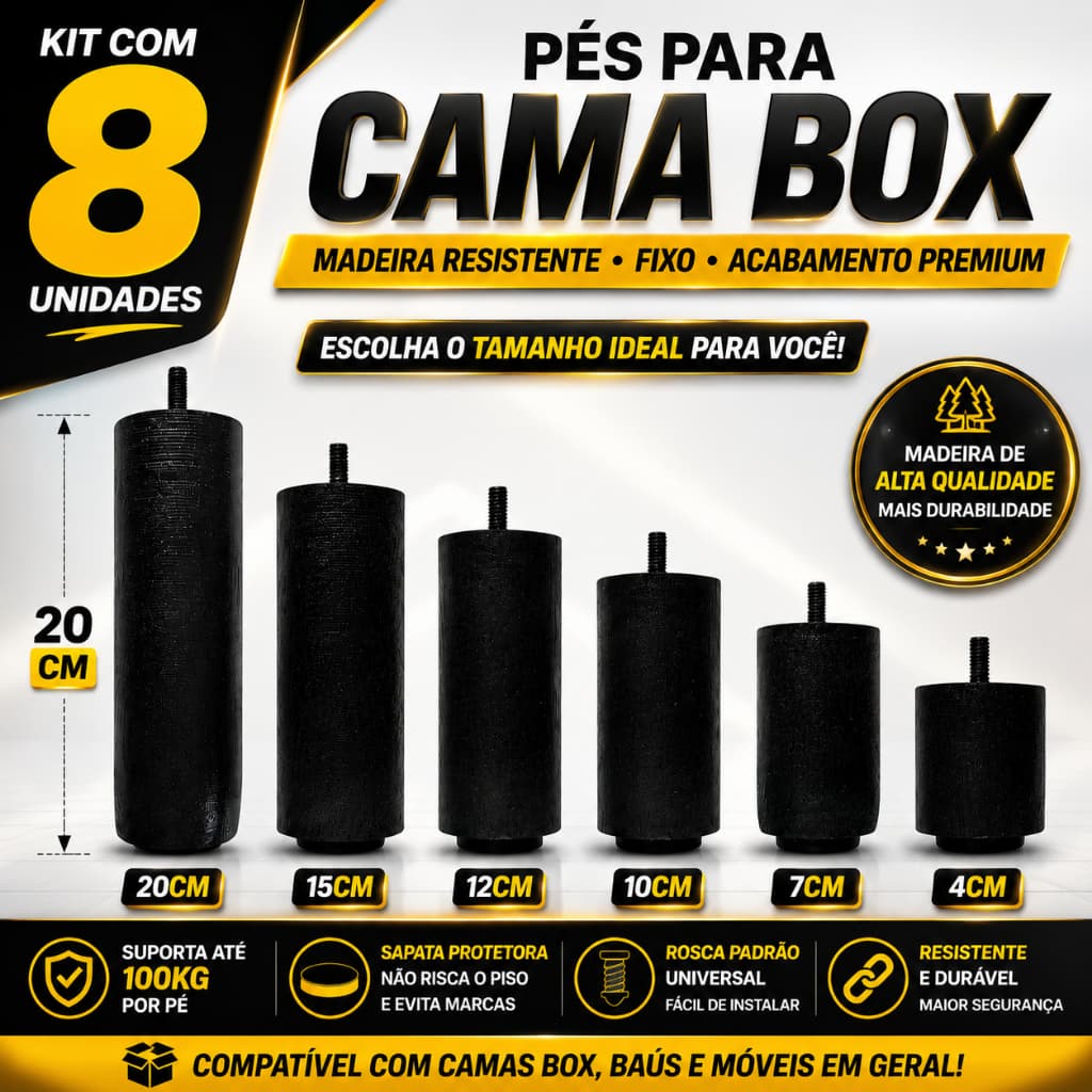 Kit 8 Pé Para Cama Box Universal Pés de Madeira Reforçado Vários Tamanhos Móveis Infantil Casal Solteiro Queen King Baú
