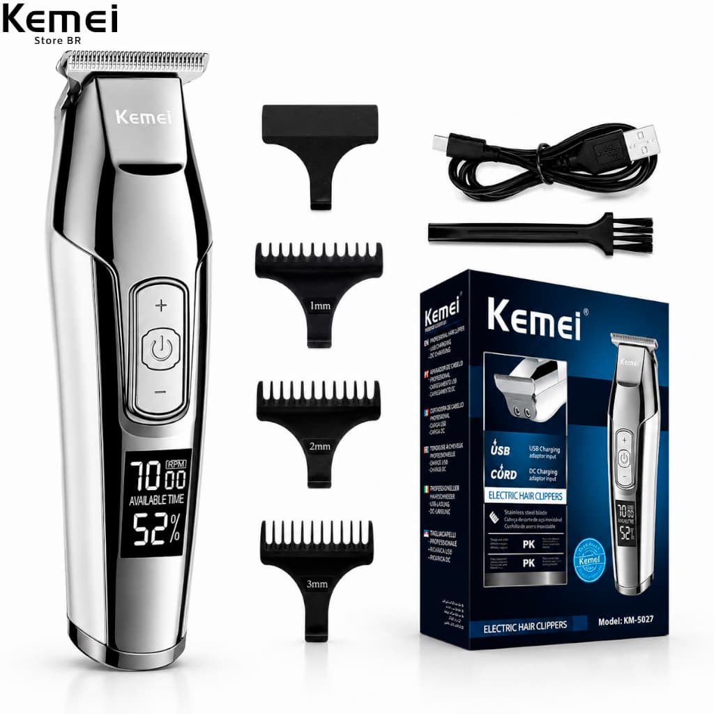 Maquina Cortar Cabelo Kemei Km-5027 Elétrico Luxury Cor Prateado