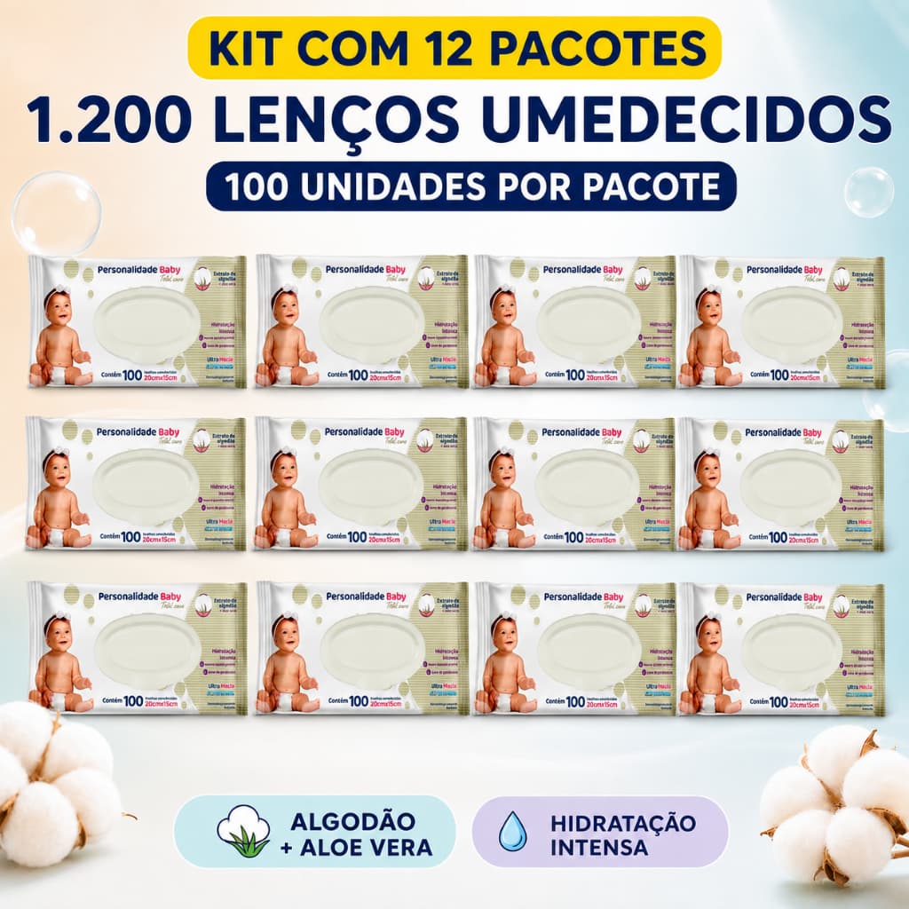 Kit 12 Lenços Umedecidos Personalidade Baby 1200 Unidades Aloe Vera