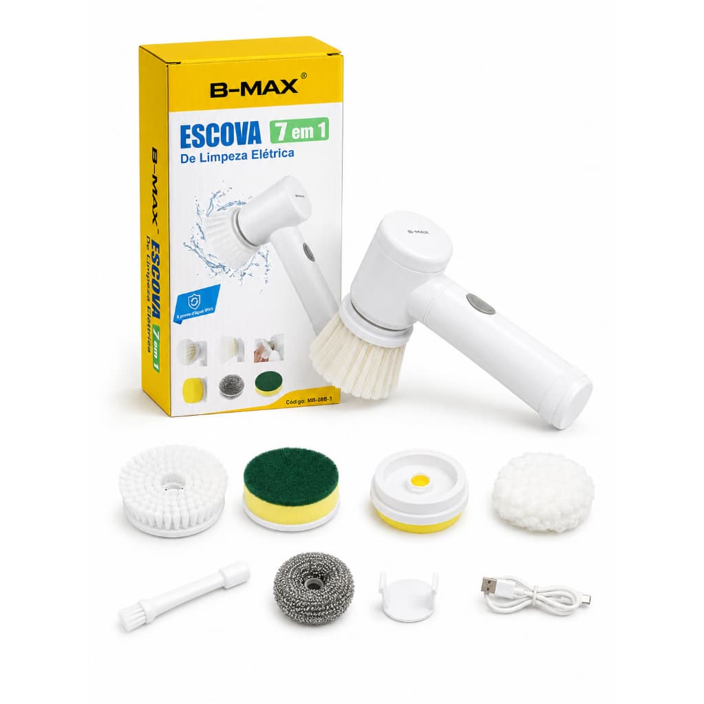 Escova Elétrica de Limpeza 7 em 1 B-MAX BM-F998, Recarregável USB, com 5 Cabeças Intercambiáveis, Escova Multiuso para C