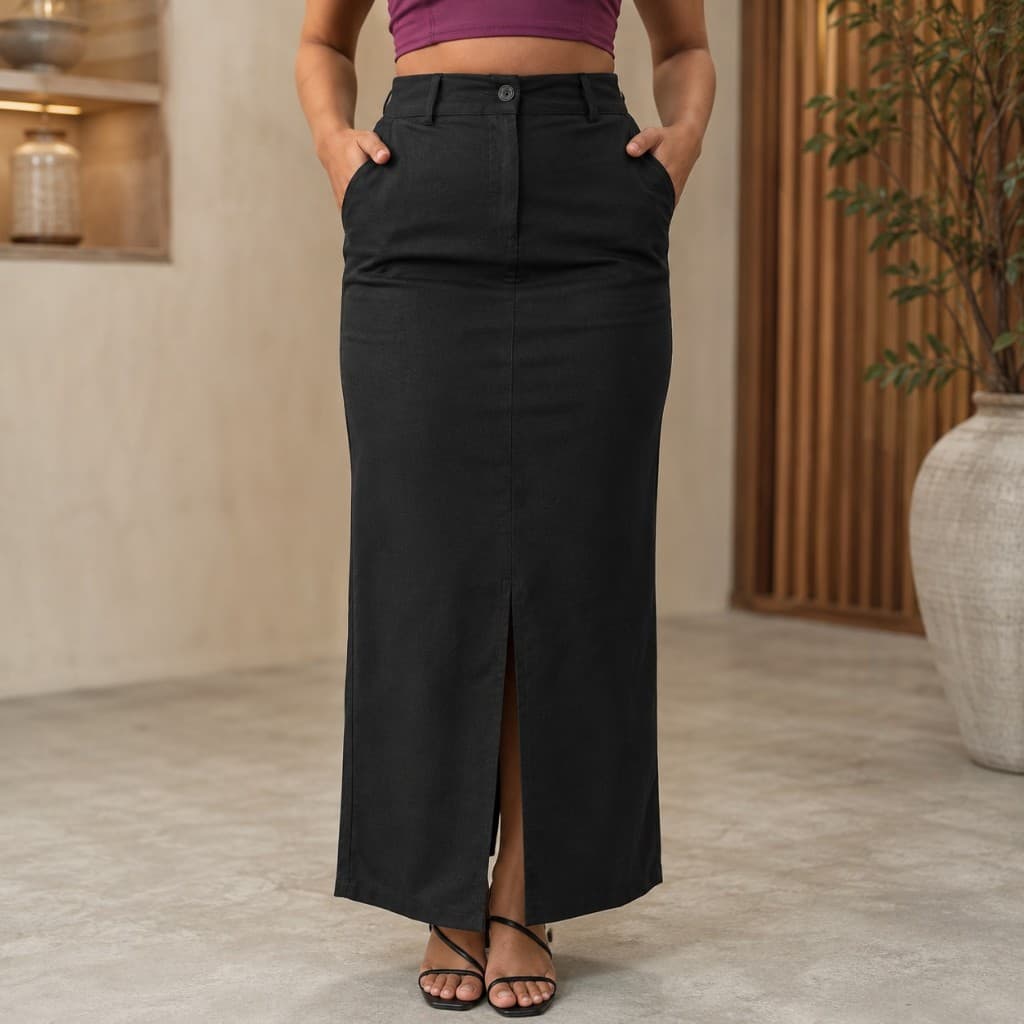 Saia Midi Longa Feminina de Linho Cintura Alta com Fenda Frontal e Bolsos