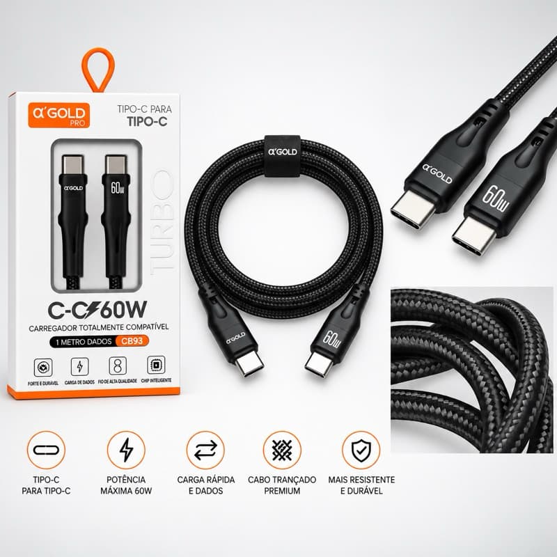 Cabo Carregamento Rápido Tipo-C x Tipo-C 1m - 60W Turbo PD α’GOLD PRO CB93