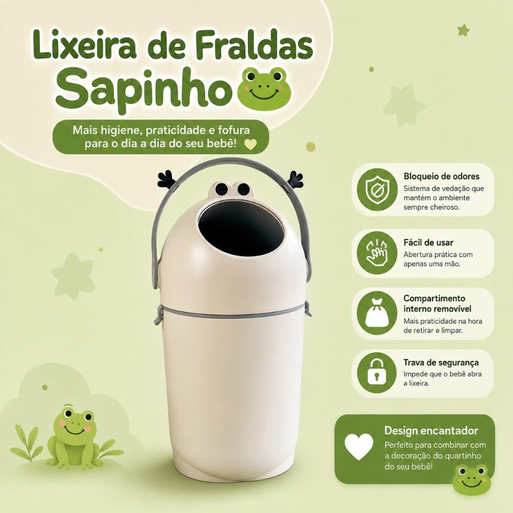 Lixeira Infantil para Fraldas 10L com Tampa e Vedação Anti-Odor para Quarto de Bebê – Sapinho