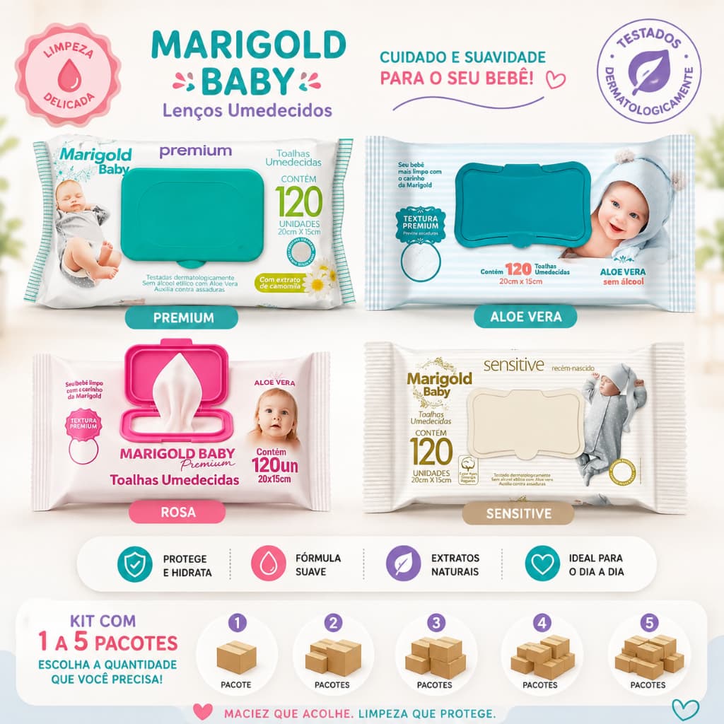 Lenço Umedecido Marigold Baby Atacado Kit 1 a 5 Pacotes - Tampa Flip Top - 120 Unidades