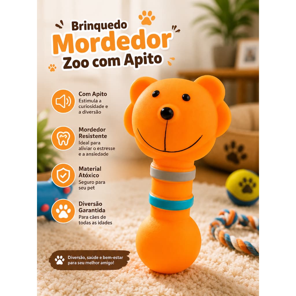 Brinquedo Mordedor Zoo com Apito para Cães Filhotes Pequeno Médio Porte Interativo Resistente 13cm