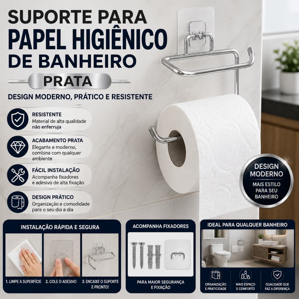 Suporte para Papel Higiênico de Banheiro Prata – Design Moderno, Resistente, Prático e Fácil de Instalar