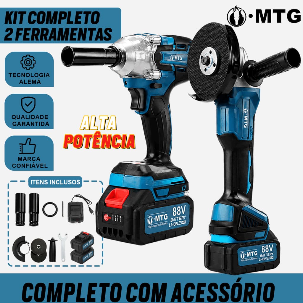Kit 2 em 1 Chave de Impacto + Esmerilhadeira 88V Sem Fio, 2 Baterias, Carregador e Acessórios MTG