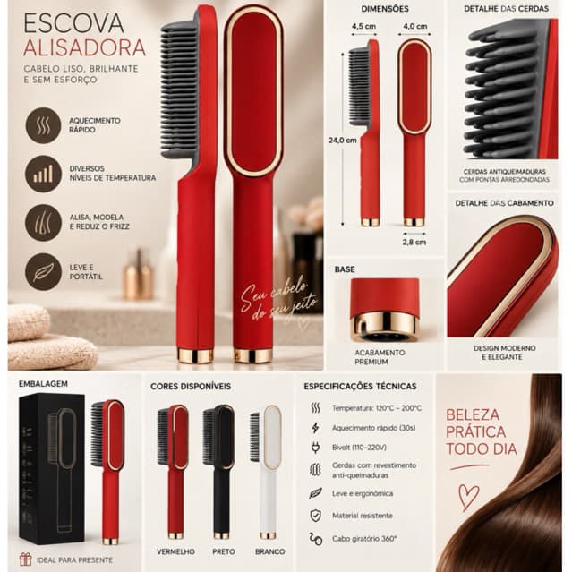 Escova Alisadora Bivolt 5 em 1 | Alisa - Hidrata - Modela - Alinha e Anti-Frizz