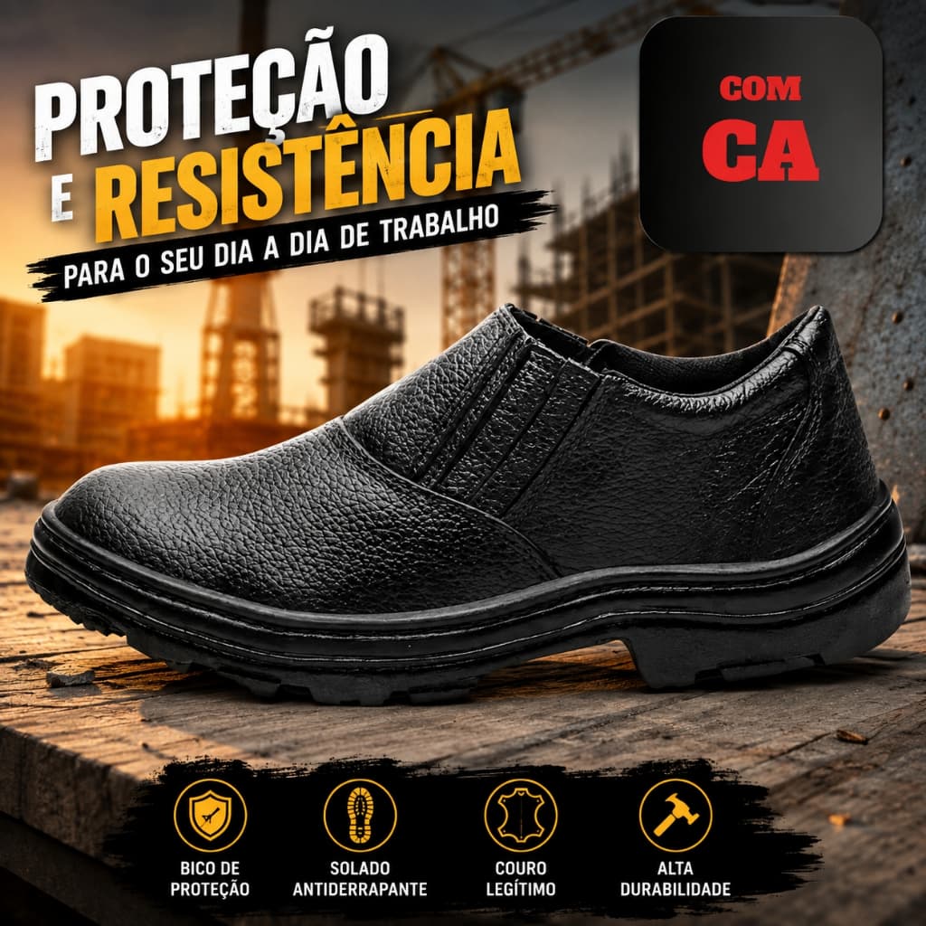 Botina De Segurança Masculina Couro Bico PVC Solado Antiderrapante Trabalho Obra Pedreiro Construção Civil EPI