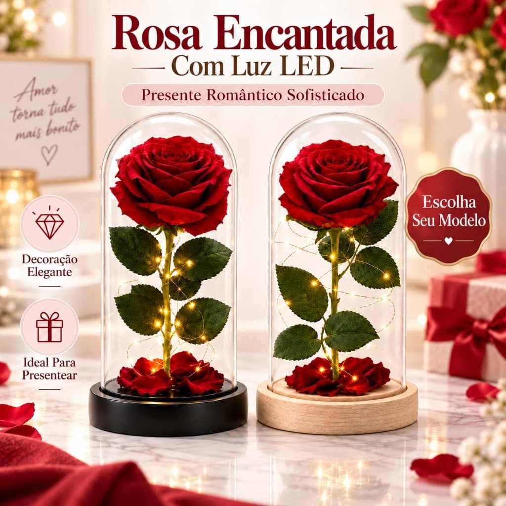 Luminária Cúpula Rosa Encantada Com LED A Bela e A Fera 21 Cm Decorativa Romântica