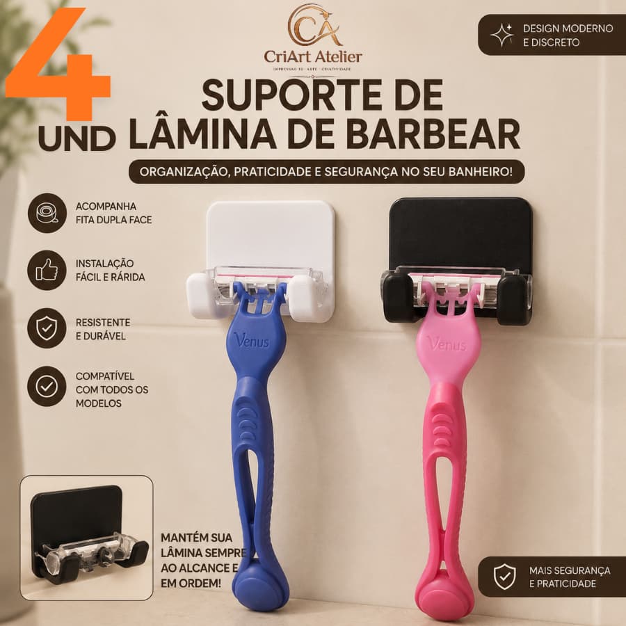 4 Suportes Gilete 3M Sem Furar Parede Fixação Forte Porta Barbeador Prestobarba Banheiro Resistente Dele e Dela Clean