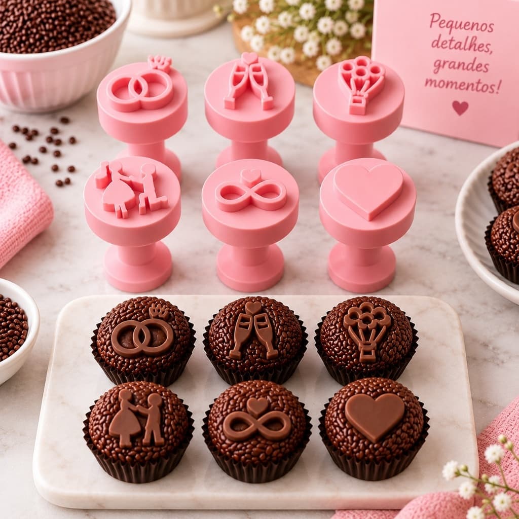 Kit 6 Carimbos para Brigadeiro Tema Casamento Noivado Doces Confeitaria Festa