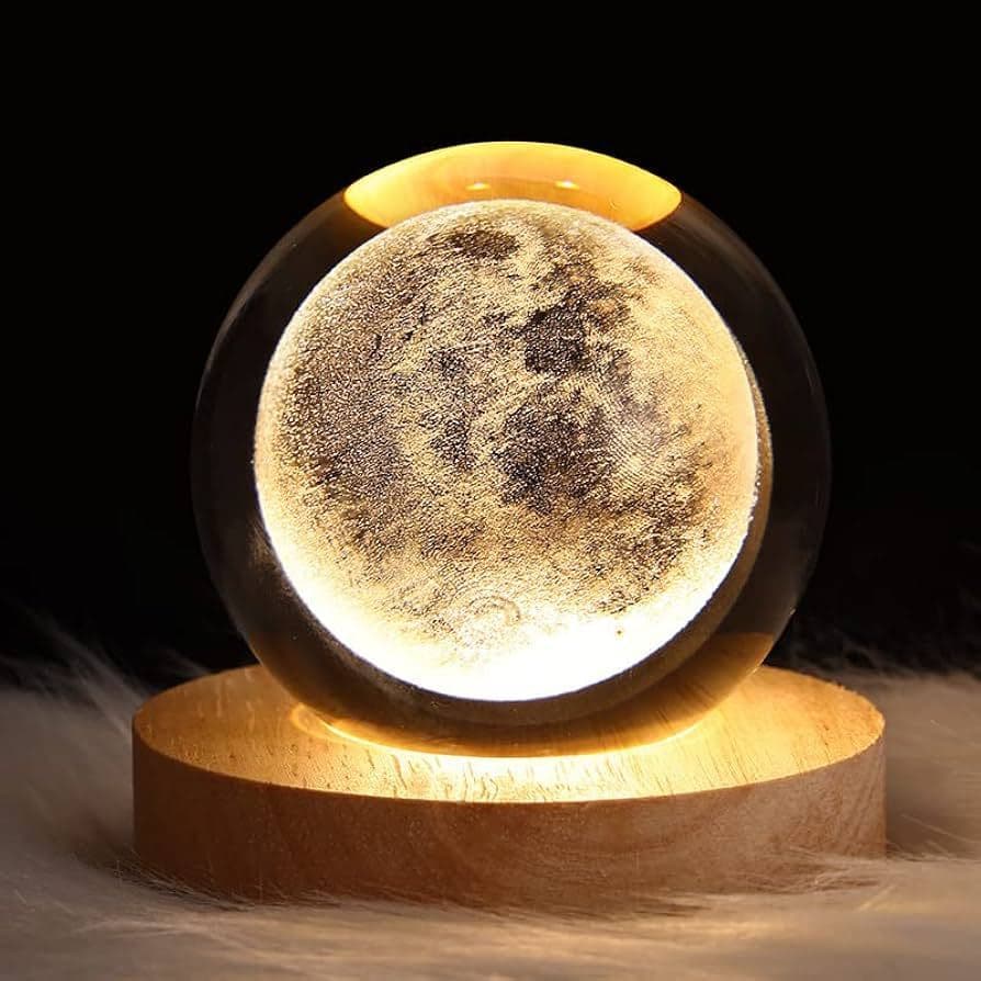 Luminária LED Esfera de Cristal 3D com Base de Madeira Luz Quente USB Decorativa