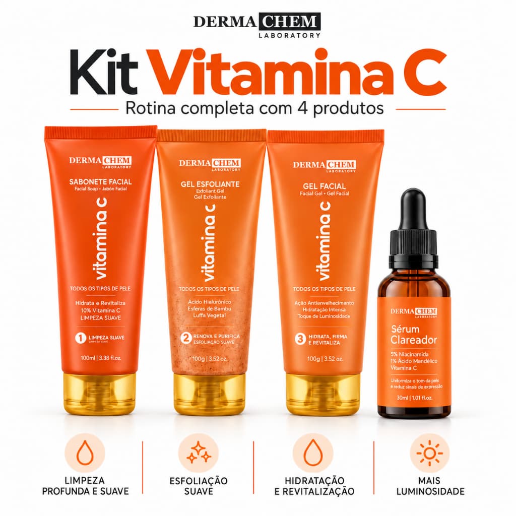 Kit Skincare Vitamina C Dermachem Completo com 4 Produtos | Sabonete, Esfoliante, Gel Facial e Sérum Clareador