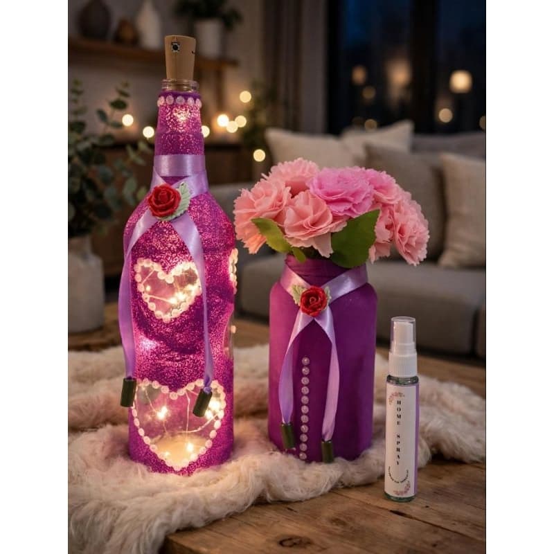 GARRAFA ABAJUR+VASINHO DE FLORES FEITA DE TNT+HOME SPRAY