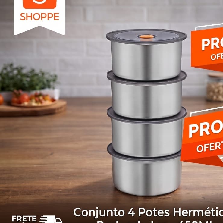 Conjunto Potes Hermeticos Redondo Inox 450ml Organizador Alimentos Conservacao