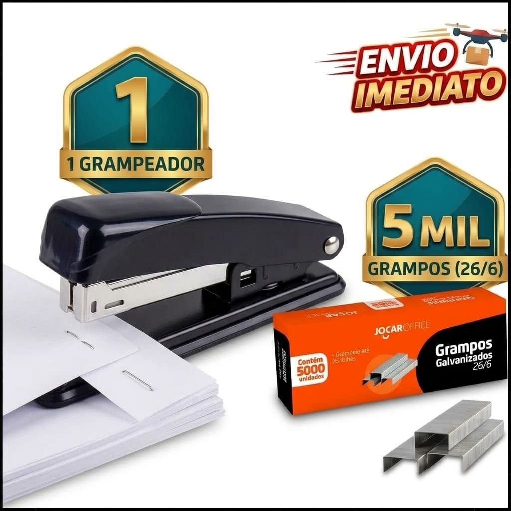 Grampeador de Metal Kit + 5000 Grampos 26/6 Médio Escritório Grampeia 20 Folhas Papelaria