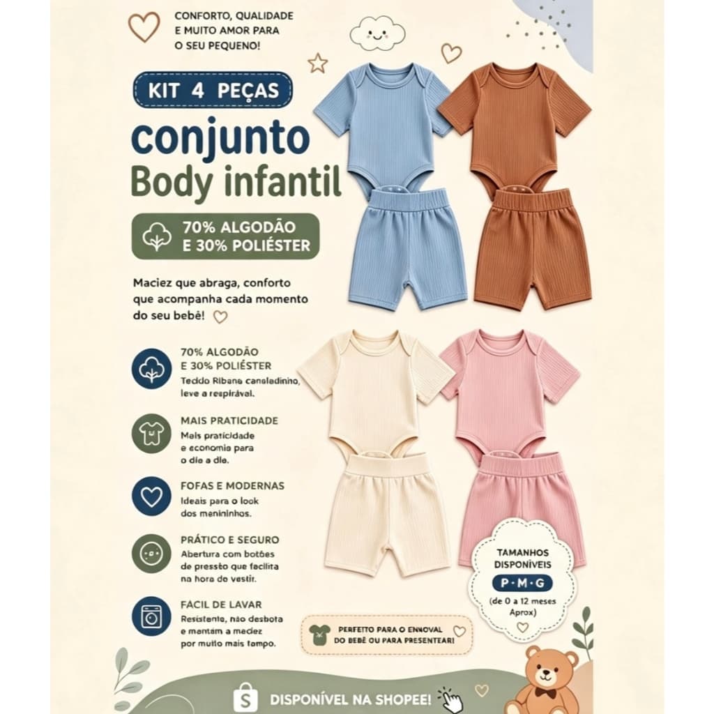 2 Conjuntinho Verão Body Manga Curta e Tapa Fralda
