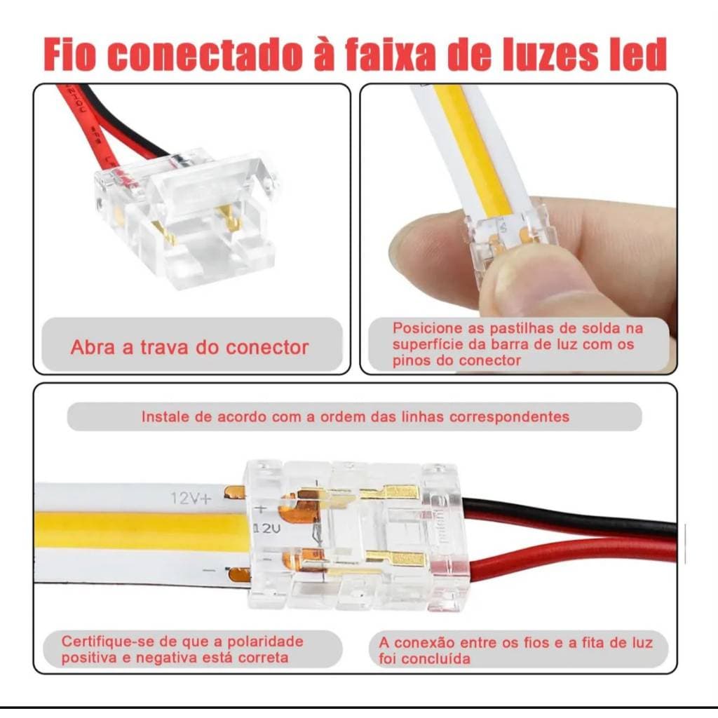 10 Unidades Rabicho Conector Emenda Para Fita Led 8MM 10MM 240LED E COB Com Cabo Tira Led  Fio 12v