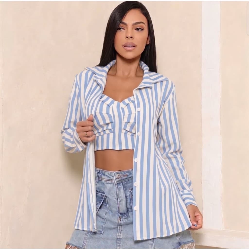Conjunto Feminino Camisa Cropped Listrado Manga Longa Botões Casual Elegante