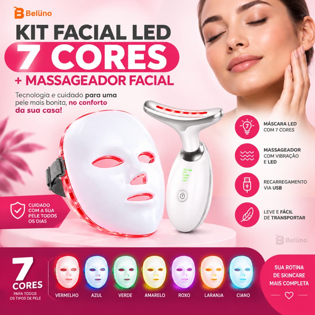 Kit Máscara Facial LED 7 Cores Fototerapia + Massageador Facial Skin Care