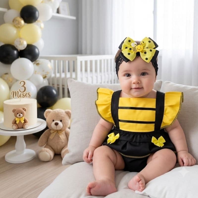 Romper Bebê Abelhinha 0 a 3 Meses Menina Fantasia Mesversário Sainha Tactel