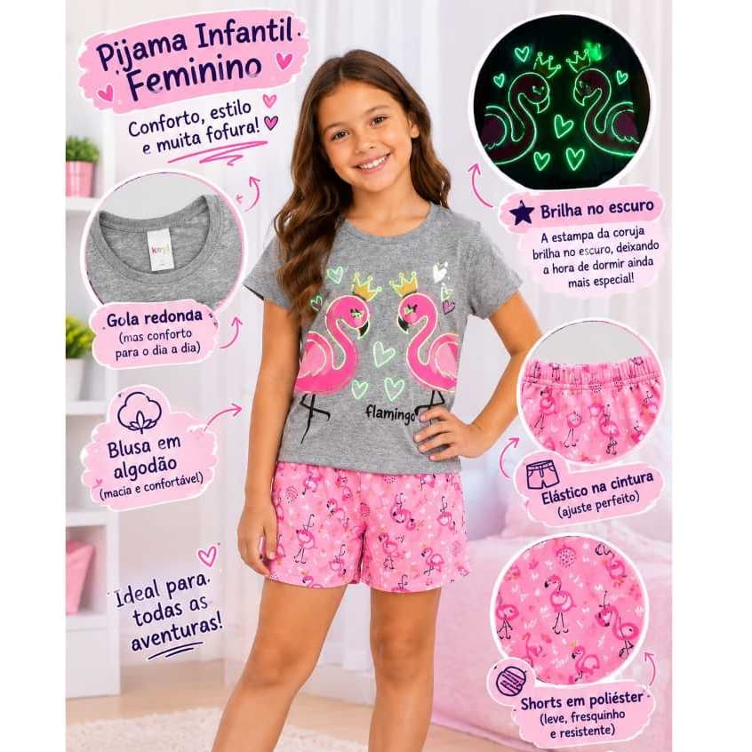 Conjunto pijama infantil verão menina tema Flamingos tamanho 1 ao 8 shorts + blusa manga curta confortavel