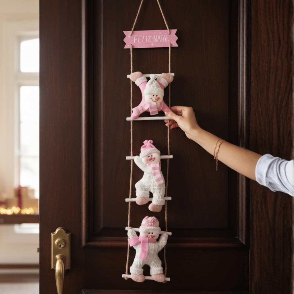 Enfeite Decoração Para Porta Arvore De Natal Papai Boneco de Neve Pendurável 107CM Feliz Natal Rosa