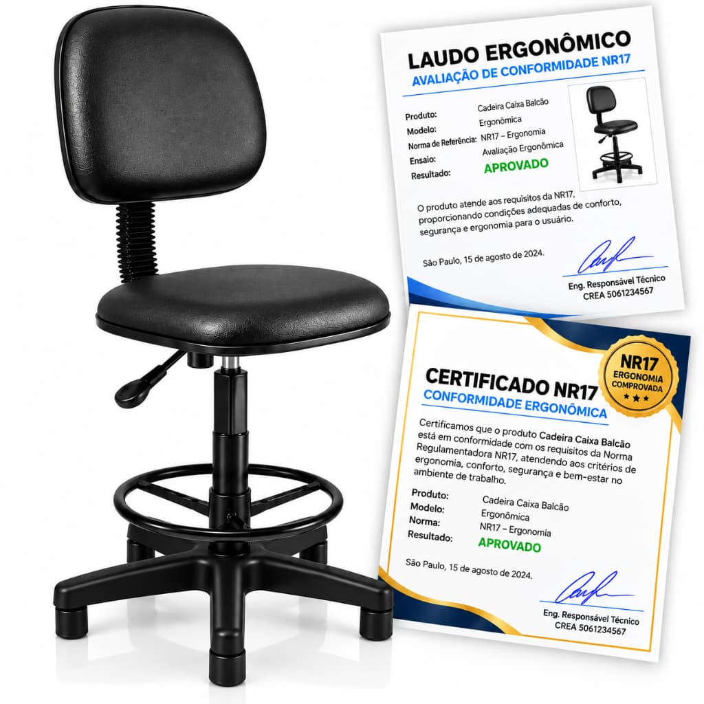 CADEIRA CAIXA BALCÃO ERGONÔMICA – COM LAUDO E CERTIFICADO NR17 | FABRICAÇÃO PRÓPRIA