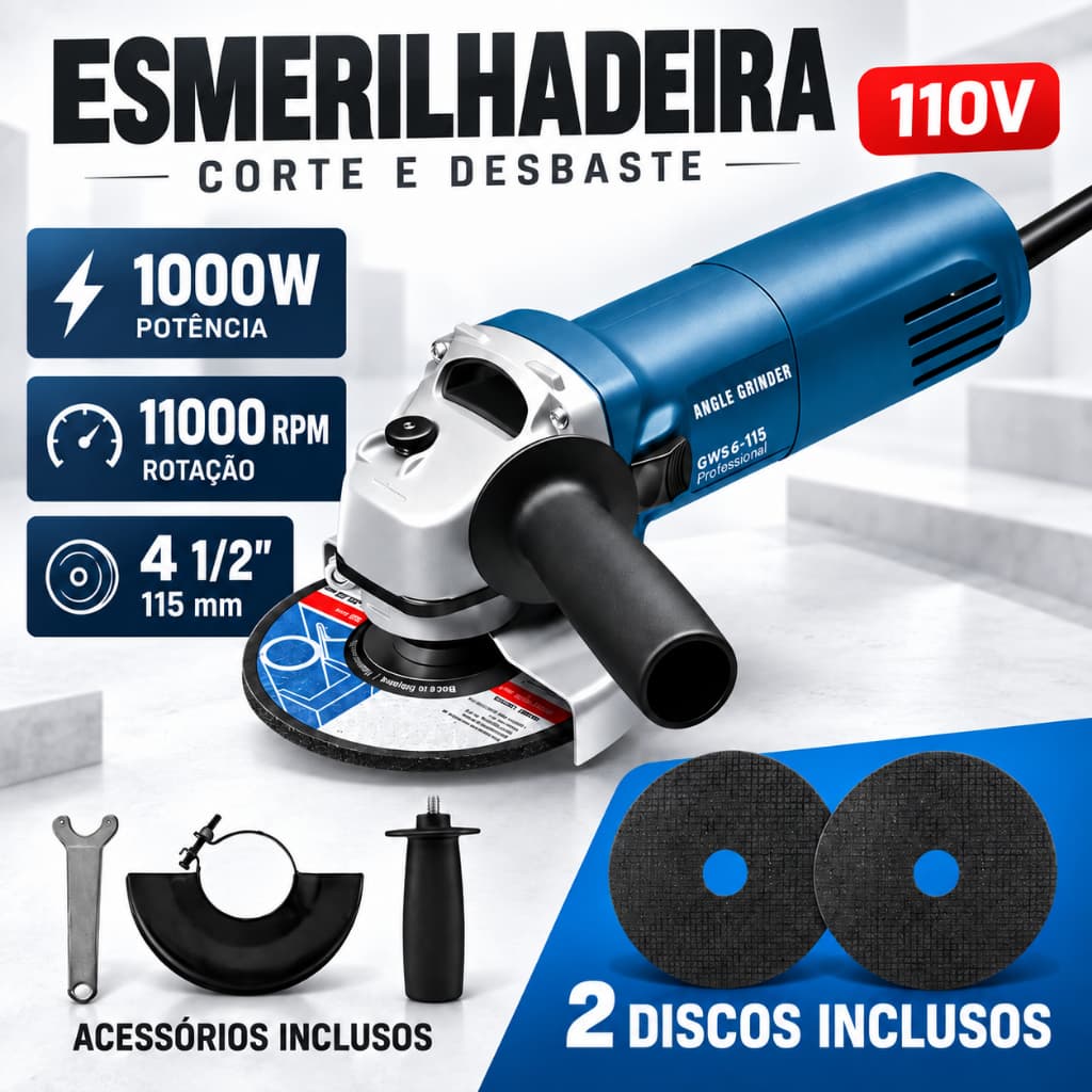 Esmerilhadeira e Lixadeira 1000W 4.1/2" 115mm 11000 RPM c/ 2 Discos para Remoção de Ferrugem, Desbaste e Corte de Tubos