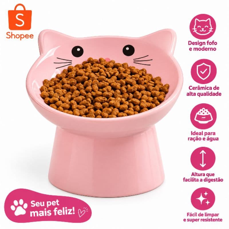 Tigela Elevada Para Gato Comedouro e Bebedouro Cerâmica Higiênico fácil de Limpar Pets.
